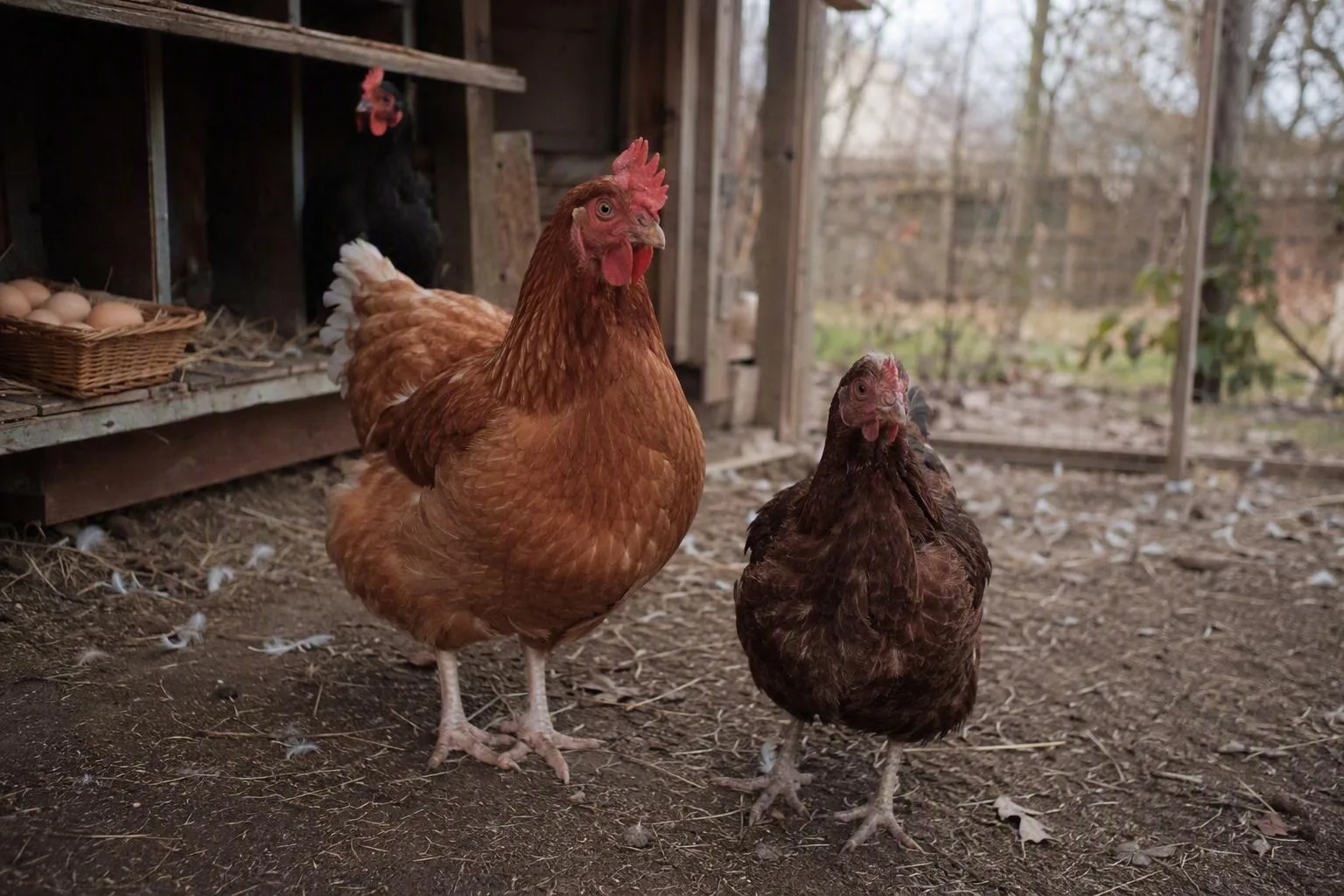 Different-sized hens stand beside the coop, showing how body shape varies within a backyard flock.